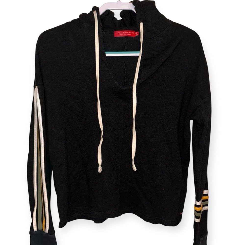 EUC Philanthropy Black Hooded Sweater with Striped Sleeves